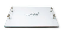 Load image into Gallery viewer, White Leather Challah Board with Glass Top and Gold Print and Acrylic Handles