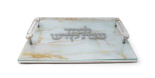 Load image into Gallery viewer, White Leather Challah Board with Glass Top and Gold Print and Acrylic Handles