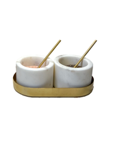 Load image into Gallery viewer, Marble Salt and Pepper Set with Gold Base and Spoons