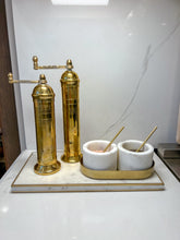 Load image into Gallery viewer, Marble Salt and Pepper Set with Gold Base and Spoons