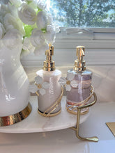 Load image into Gallery viewer, Glass Soap &amp; Lotion Dispenser with Gold Enamel Flower Design