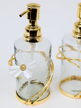 Load image into Gallery viewer, Glass Soap &amp; Lotion Dispenser with Gold Enamel Flower Design