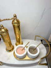 Load image into Gallery viewer, Marble Salt and Pepper Set with Gold Base and Spoons