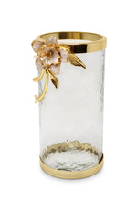 Load image into Gallery viewer, Hammered Glass Canister with White Enamel and Gold Leaf Flower, Marble Lid with Gold knob (3 sizes)