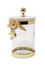 Load image into Gallery viewer, Hammered Glass Canister with White Enamel and Gold Leaf Flower, Marble Lid with Gold knob (3 sizes)