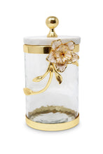 Load image into Gallery viewer, Hammered Glass Canister with White Enamel and Gold Leaf Flower, Marble Lid with Gold knob (3 sizes)