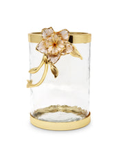 Load image into Gallery viewer, Hammered Glass Canister with White Enamel and Gold Leaf Flower, Marble Lid with Gold knob (3 sizes)