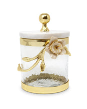 Load image into Gallery viewer, Hammered Glass Canister with White Enamel and Gold Leaf Flower, Marble Lid with Gold knob (3 sizes)