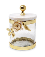 Load image into Gallery viewer, Hammered Glass Canister with White Enamel and Gold Leaf Flower, Marble Lid with Gold knob (3 sizes)