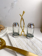 Load image into Gallery viewer, Glass Salt and Pepper Set with Gold Twig Design - 4"L x 2"W x 7.5"H