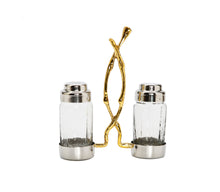 Load image into Gallery viewer, Glass Salt and Pepper Set with Gold Twig Design - 4"L x 2"W x 7.5"H