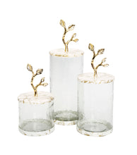 Load image into Gallery viewer, Large Glass Canister with White/Gold Marble Lid and Leaf Handle