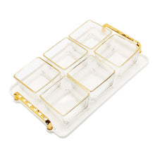 Load image into Gallery viewer, 6 Bowl Serving Dish White Tray with Glass Bowls Gold Trimmed - 13.5"L