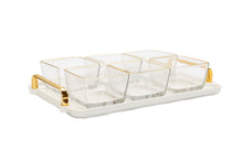 Load image into Gallery viewer, 6 Bowl Serving Dish White Tray with Glass Bowls Gold Trimmed - 13.5"L