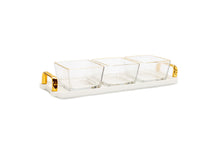 Load image into Gallery viewer, 3 Bowl Serving Dish White Tray with Glass Bowls Gold Trimmed - 13.5"L