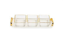 Load image into Gallery viewer, 3 Bowl Serving Dish White Tray with Glass Bowls Gold Trimmed - 13.5"L