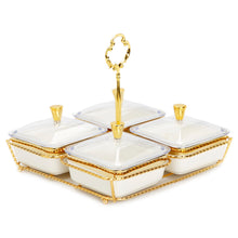 Load image into Gallery viewer, White Porcelain 4 Bowl Relish Dish on Gold Base - 8"