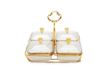 Load image into Gallery viewer, White Porcelain 4 Bowl Relish Dish on Gold Base - 8"