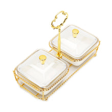Load image into Gallery viewer, White Porcelain 2 Bowl Relish Dish on Gold Base - 8.25"L