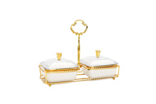 Load image into Gallery viewer, White Porcelain 2 Bowl Relish Dish on Gold Base - 8.25"L