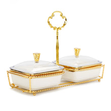 Load image into Gallery viewer, White Porcelain 2 Bowl Relish Dish on Gold Base - 8.25"L